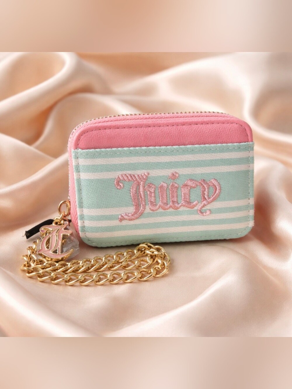 Juicy Couture Pink & Mint Striped Mini Wallet with Gold Chain Charm